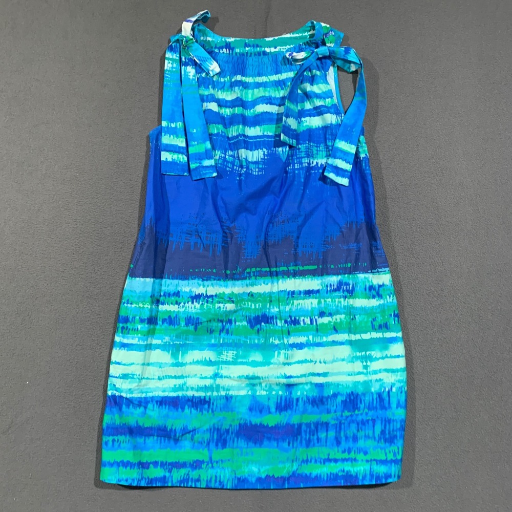 Linen Cotton Blend Abstract Stripe Tie Shoulder Shift Dress Women Blue Green